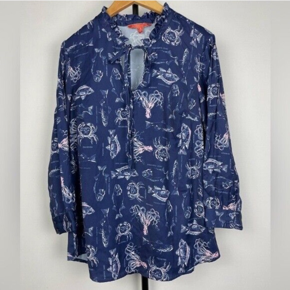 Modcloth Blue Satin Sea Creature Long Sleeve Pop Over Neck Tie Blouse 2X